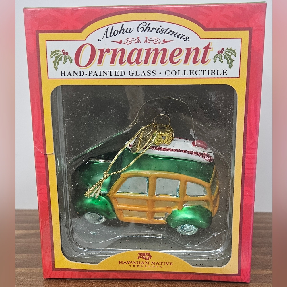 Aloha Christmas Ornament Hand Painted Glass Woody Surf Car